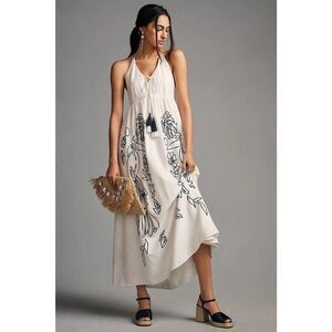 New Farm Rio Embroidered Halter Dress Linen Anthropologie Maxi Backless Size M